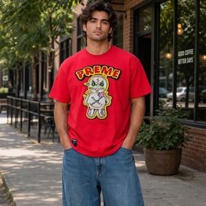 Preme Mens Red Voodoo Doll Chenille Patch Graphic T-Shirt Size Medium Streetwear